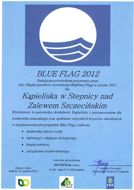 Certyfikat Blue Flag 2012. Link otwiera powiększoną wersję zdjęcia.